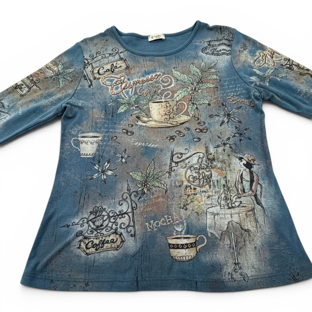 Cactus Vintage 90s Espresso Cafe Graphic‎ Top Blue Medium Cotton 3/4 Sleeve